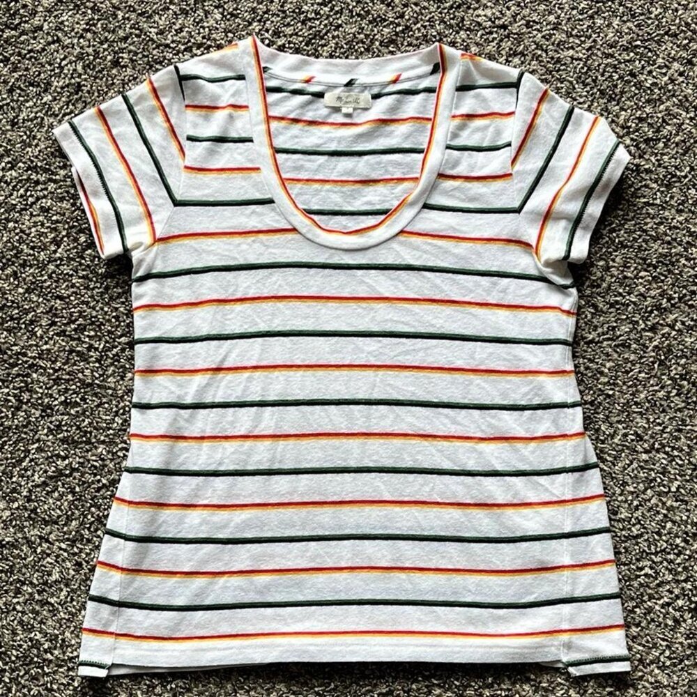 Green, Orange, Red Striped Medium Madewell Top, 100% Cotton Blouse